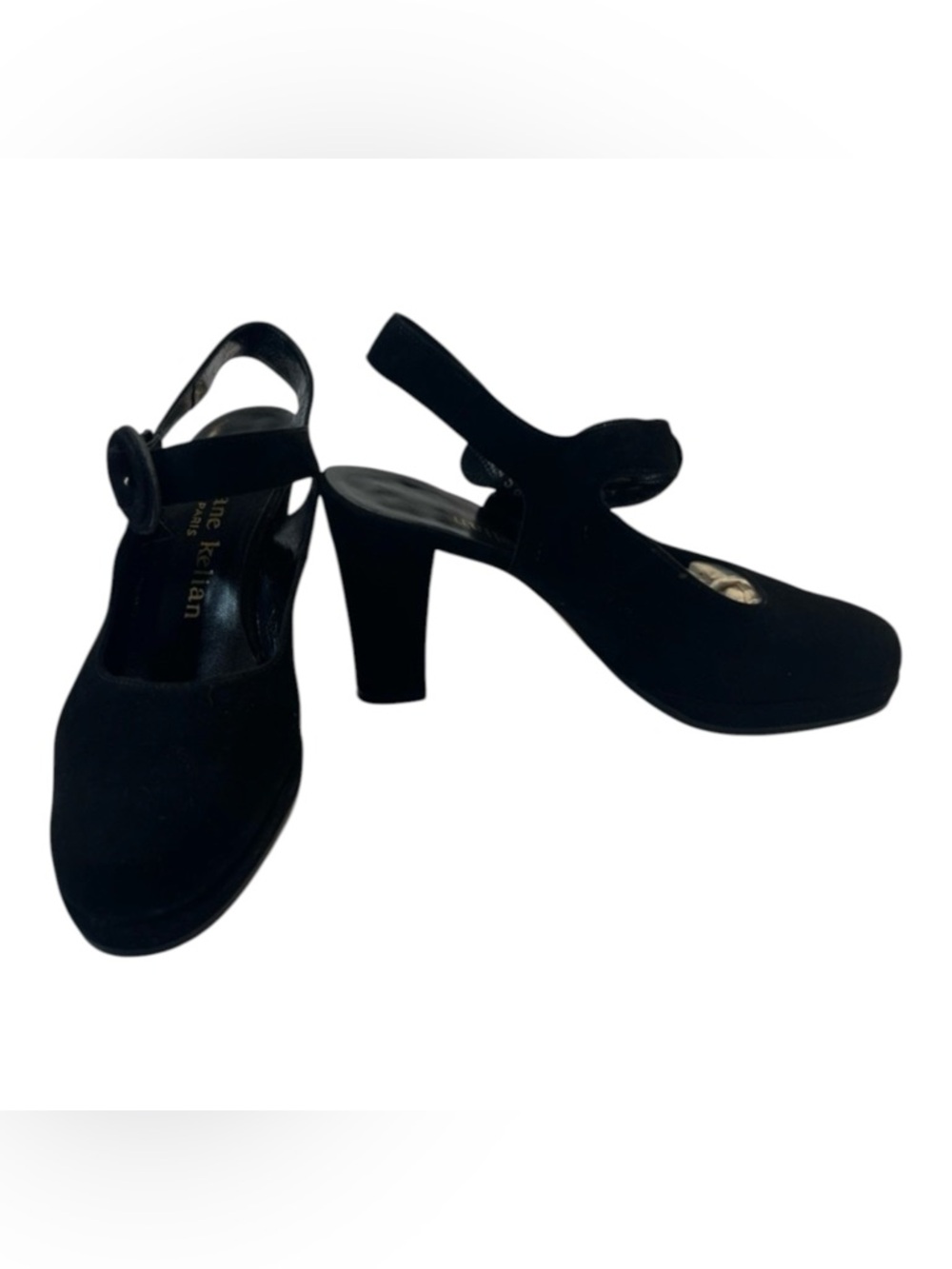 Stephane Kelian Black Suede Slingback Pumps with Round Buckle